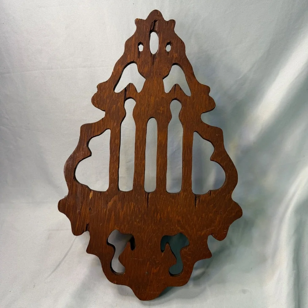 Vintage Ornate Wood Wall Shelf Fretwork Cutout Scalloped Brown Floating Shelf